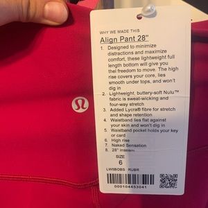 Lululemon 28” Align Pant Ruby Red size 6
